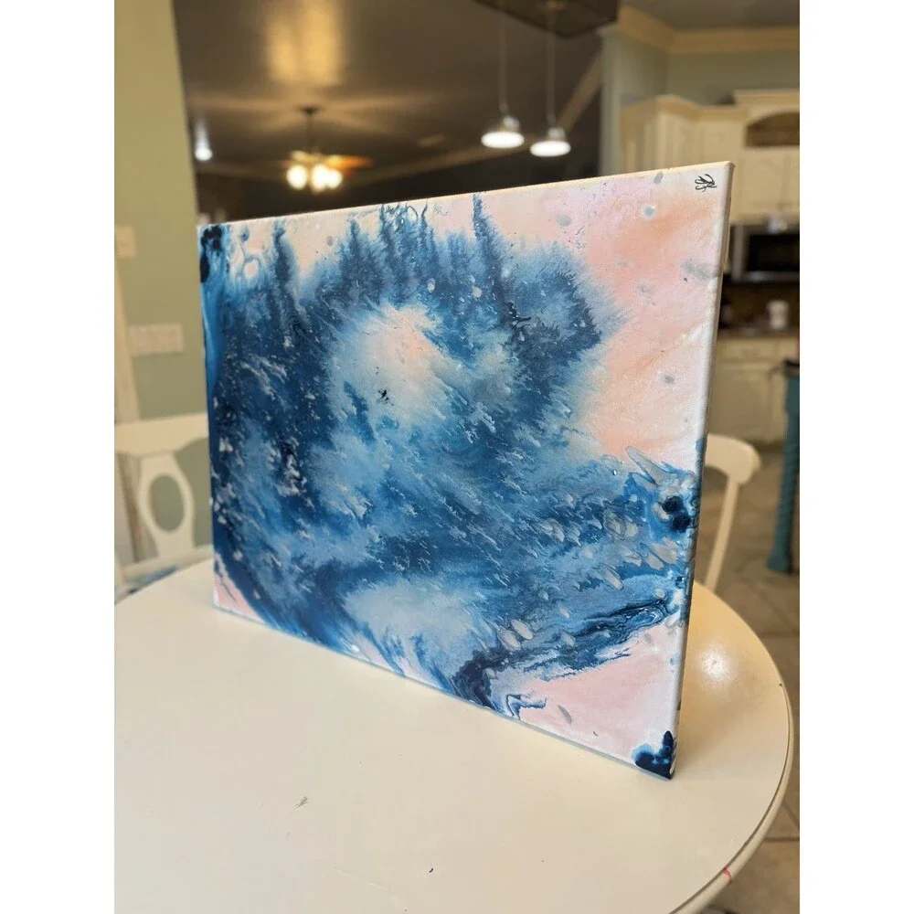 Original Abstract Painting Blue & Blush Pink Coastal Forest Wall Art – 24” x 30”